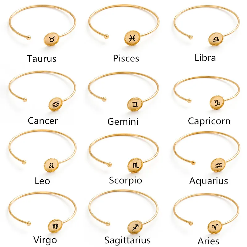 

Fever&Free New Arrival Dainty 12 Constellation Zodiac Bangle Bracelet Open Cuff Black Sign Bangle For Women Fashion Gold Jewelry