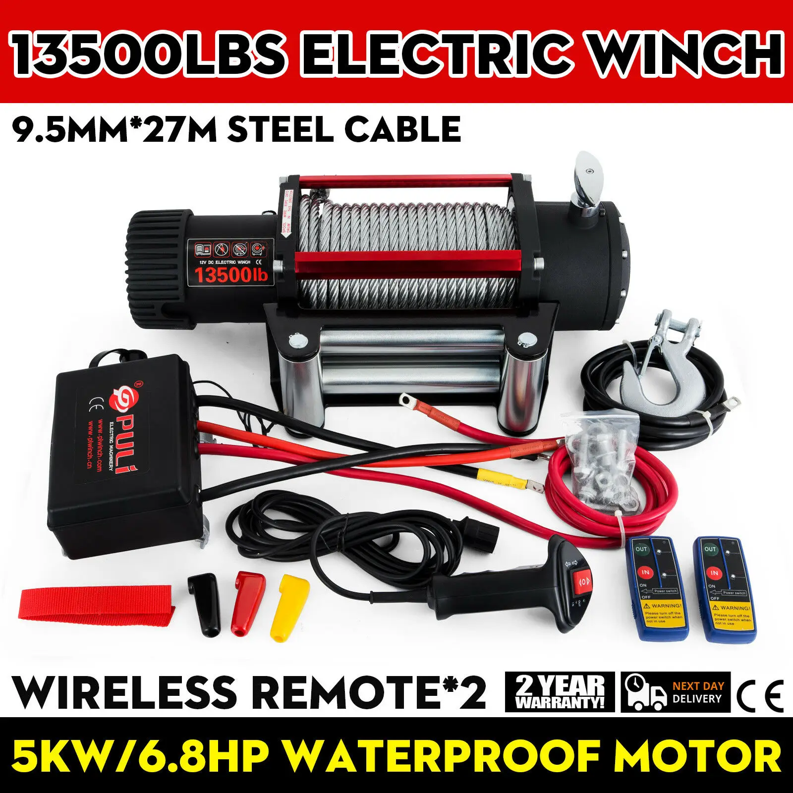 Rhino 24v 13500 LB/6125 kg Electric Winch with Remote Control Steel Cable 