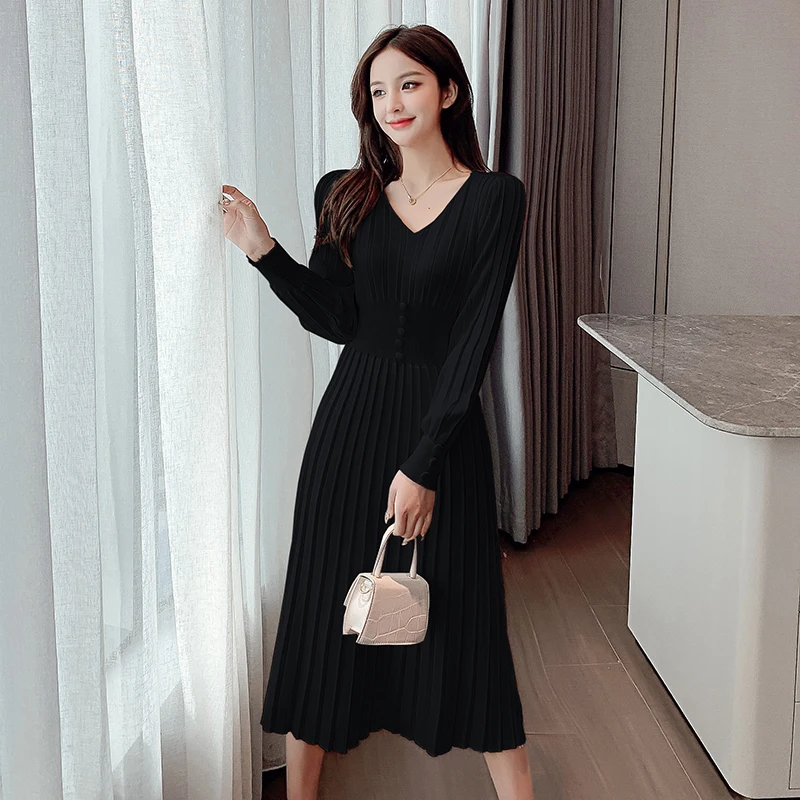 Autumn Winter V-Neck Knitted Dress Elegant Female Mid-Length Long-Sleeved Pleated Temperament