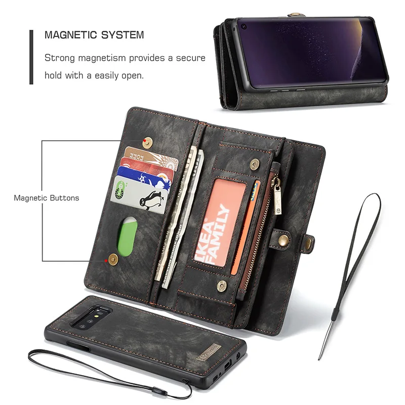 

For Samsung Galaxy Note 10 9 8 S10 S9 S8 Plus Note10+ A30 A40 A50 A70 Vintage Multifunction Detachable Zipper Wallet Phone Case