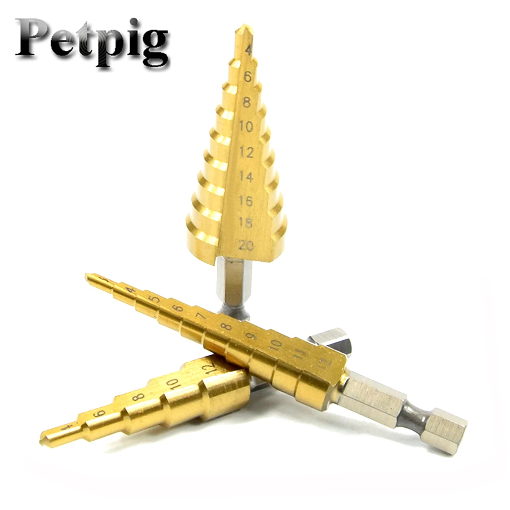 

Petpig 3pcs Power Tools Titanium Coated Step Drill Bit Metal 3-12mm/4-12mm/4-20mm Cone Cut High Speed Steel Drill Wood Drilling
