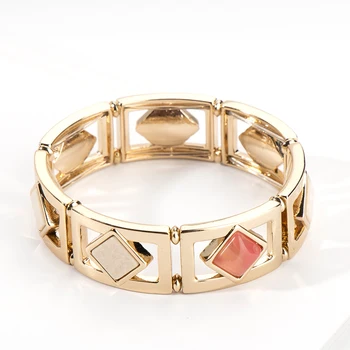 

Shiny Gold Semi Precious Bezel Rectangle Links elastic Stretch Bracelet for Women