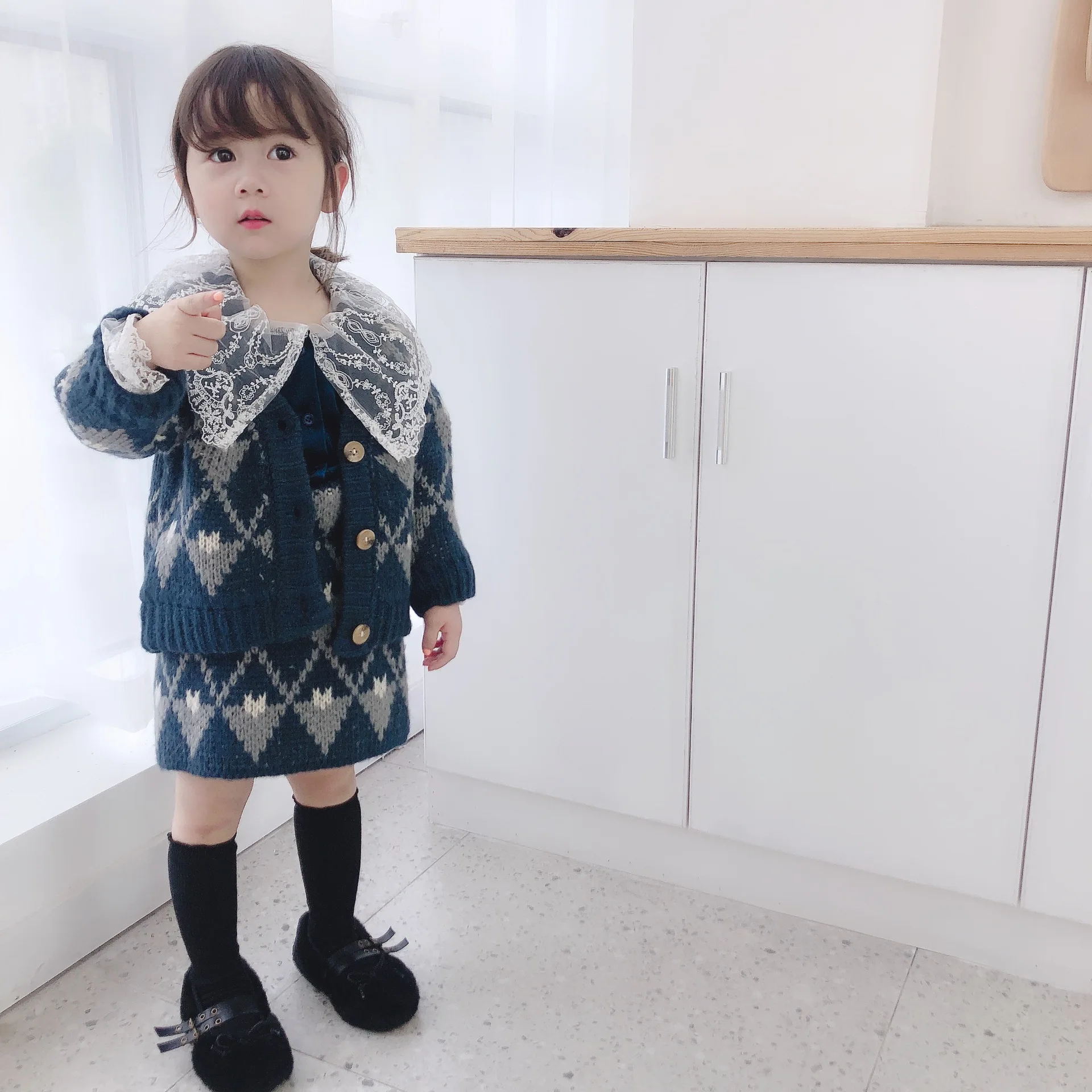 Осенне-зимний комплект из свитера в клетку для маленьких девочек 2-7 лет(кардиган+ полуплатье