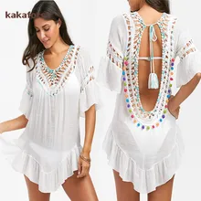 Kakaforsa сексуальный вязаный крючком пляжный чехол Холтер летнее пляжное платье хлопчатобумажные купальники закрывающий сплошной халат De Plage Туника бикини чехлы