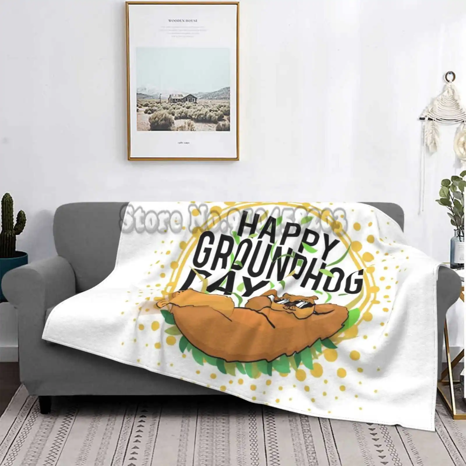 Happy Groundhog Day Design With Cute Lies On Leaves Hand Behind Head Other All Sizes Soft Cover Blanket Home | Дом и сад