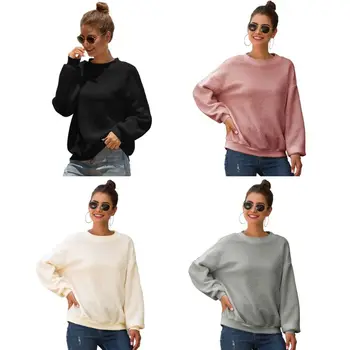 

Women Autumn Lantern Long Sleeves Sweatshirt Plain Solid Color Warm Plush Pullover Tops Casual Loose Round Neck Streetwear S-2XL