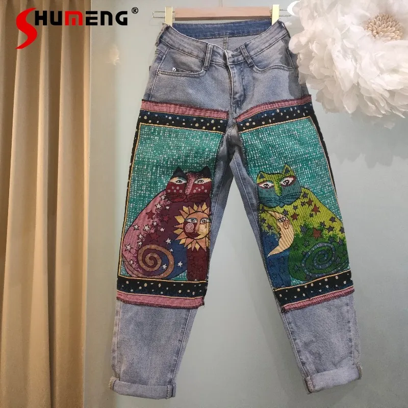 New Ladies High Street Embroidered Cat Ankle length Jeans Women's 2021