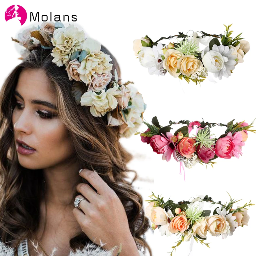 hair clips Molans Spring Bohemian Flower Crowns Beach Hawaii Floral Garland Romantic Faux Rose Wedding Wreaths New Flower Headband cute headbands for women