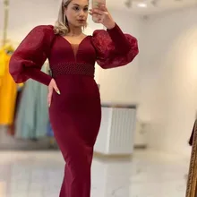 

Elegant Mermaid Evening Dresses Beading Sequined Long Sleeve Deep V-Neck Floor-Length Formal Party Prom Dress Robes De Soirée