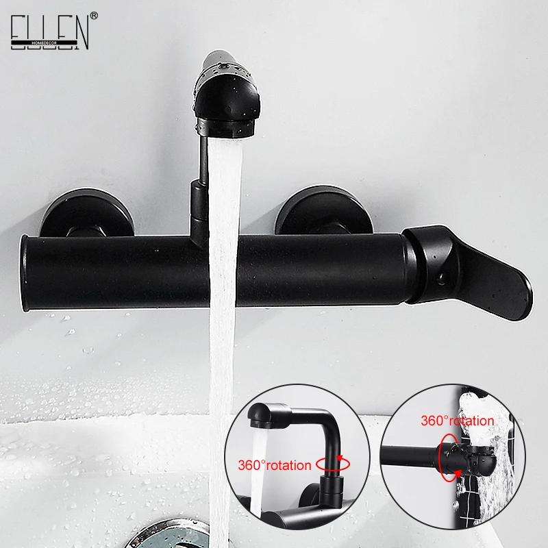 ELLEN-grifo de pared para fregadero, mezclador de agua fría y caliente, negro, con dos soportes, montado en la pared, para cocina, ELK5884