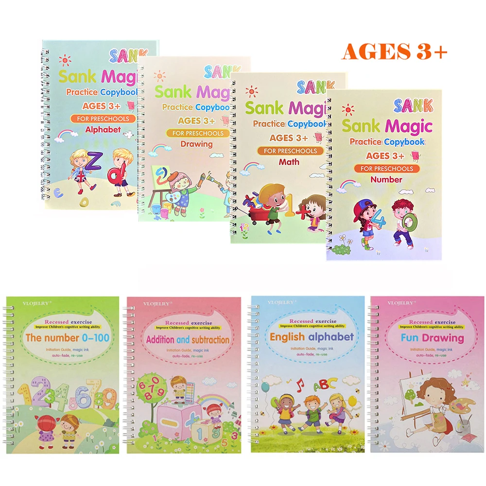 Libro de escritura reutilizable para niños, escritura a mano, caligrafía, aprendizaje, alfabeto, pintura, aritmética, matemáticas, juguetes para bebés, 4 libros