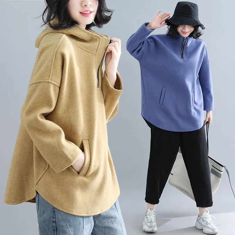 

2019 Autumn Winter Women Fashion Elegant Solid Turtleneck Tops Ladies Female Long Sleeve Loose Cotton Fleece Hooded Sweatshirt