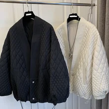 FAKUNTN Women Cotton Clothes223 Size Korean Loose Splicing Jacket Female V Neck Long Sleeve Winter Parkas Outwear Mujer