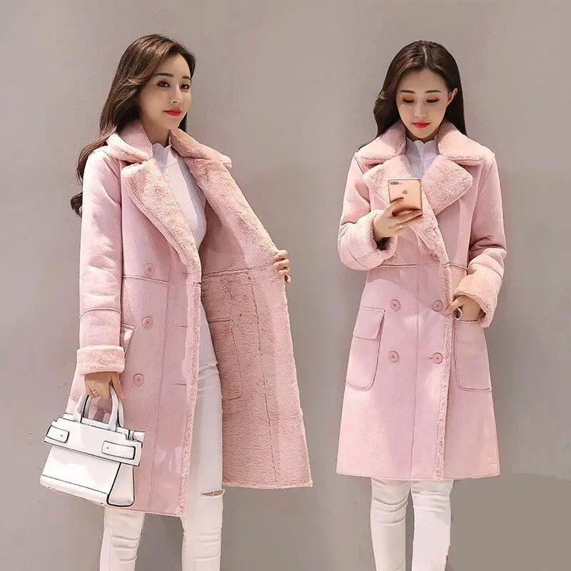 Зимняя женская куртка, замшевое меховое зимнее пальто, модная Толстая длинная куртка из искусственной овчины, пальто для женщин, одноцветные теплые тренчи