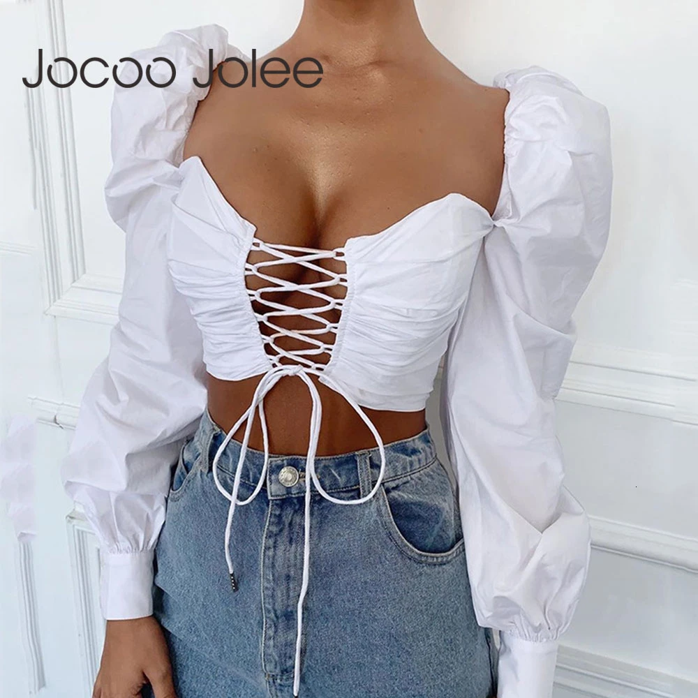 Jocoo Jolee Women Autumn Sexy Cross Criss Lace UP White Cropped Tops Puff Sleeve Hollow Out Blouse Elegant Backless Shirts 2019 | Женская