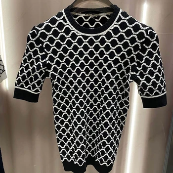 

2020 Fashion Slim Ladies Knitted Sweater Spring Newly 100% wool sweater Patchwork Women jumper Short Sleeve Buttons Sweater