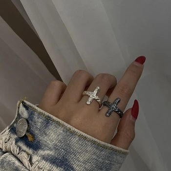 

Silvology 925 Sterling Silver Bump Texture Cross Rings Vintage Do The Old INS Style Korea Rings for Women 925 Minimalist Jewelry