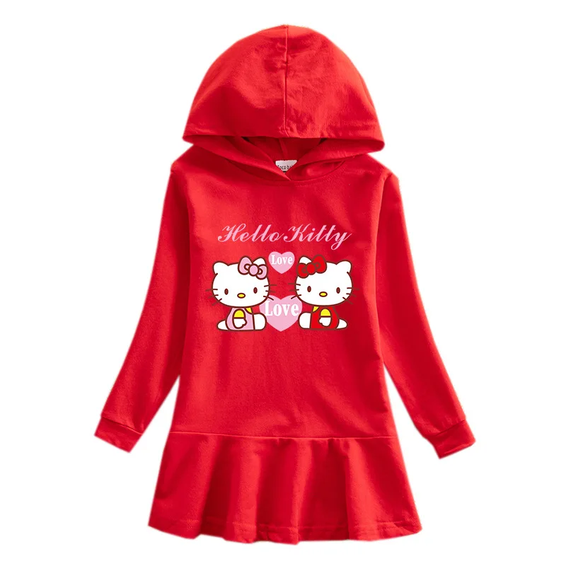 thumbnail image 1 of Hello Kitty primavera y otoño nuevos niños vestido suéter con capucha niña lindo dibujos animados dulce señora falda bebé algodón vestido cómodo, 1 of 5