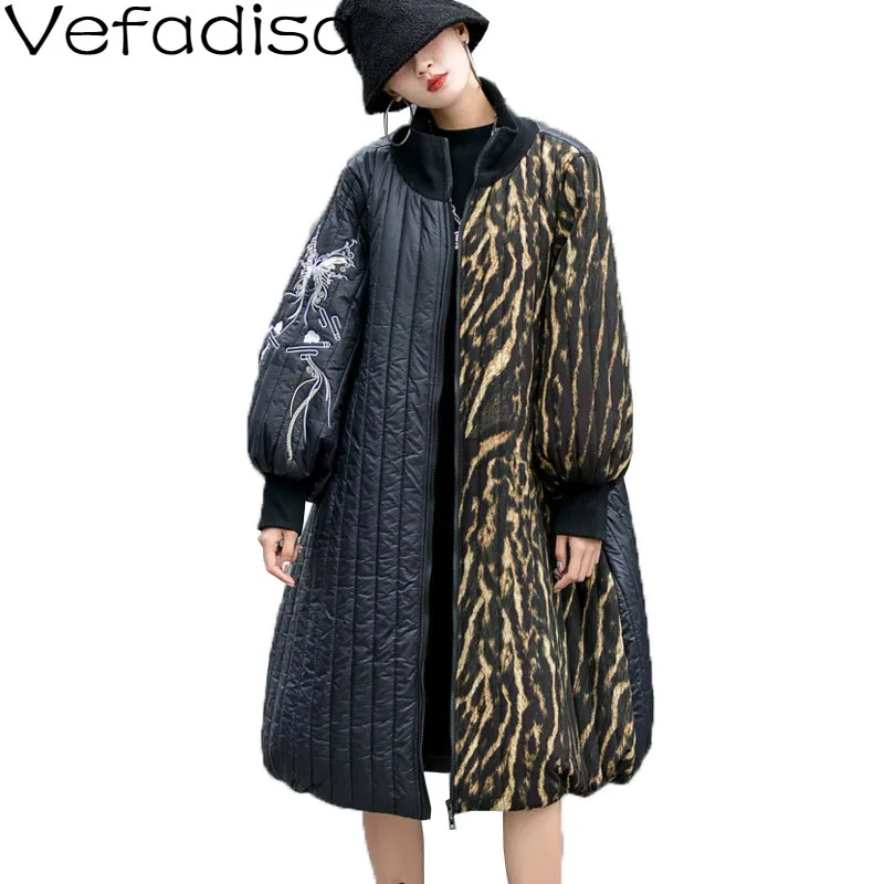 

Vefadisa Patchwork Leopard Print Parka Women 2020 Winter Thick Embroidery Parka Plus Size Stitching Color Long Parka QYF4352