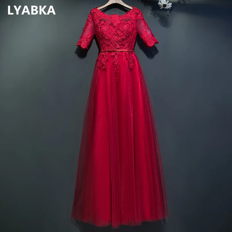 Вечернее платье халат с коротким рукавом De Soiree совок шеи бордовый Тюль Кружева Вечерние платья Длинные Реальные фото vestido de festa