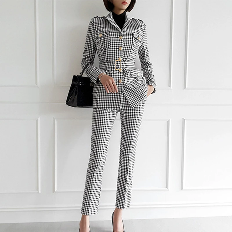 

SHTONGHUA Office Lady Women Trouser suit Fashion Autumn Single Breasted Plaid Belt Outerwear + Formal Pencil Work Wear Pants Set