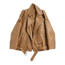Jacket Women Spring Autumn Faux Leather Jackets Women New Loose Casual Coat Female Drop-shoulder Motorcycles Outwear with Belt
