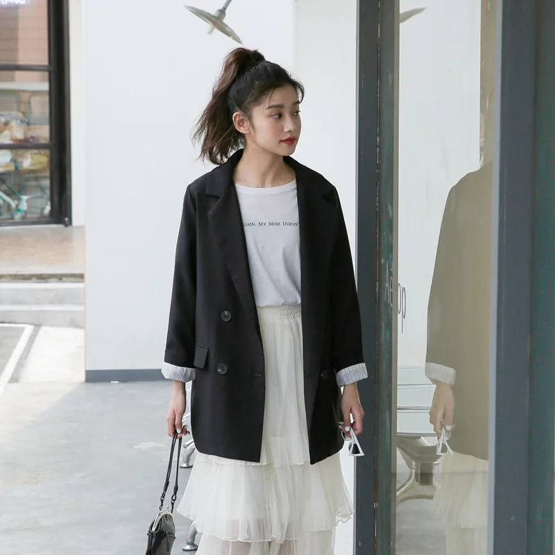 

2019 Autumn Korean-style Simple INS Hong Kong Style Loose-Fit Elegant Suit Collar Loose-Fit Mid-length Suit Jacket Women's