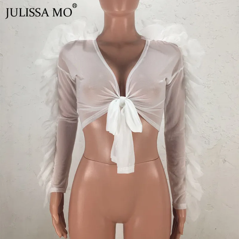 JULISSA MO перекрестный бандаж сексуальный сетчатый кроп Топ для женщин Элегантный оборками кружево до Укороченная рубашка Женский Прозрачный короткий праздничные безрукавки