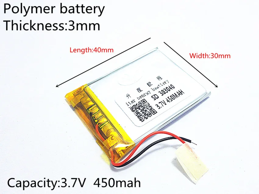 3,7 V литий-полимерный аккумулятор 033040 303040 450 мА/ч, MP3 MP4 gps литиевая батарея небольшого стерео gps