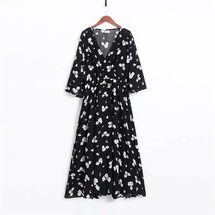 

New Sweet Elegant Large Size Dress Deep V-collar Black Printed Short-sleeved Casual Cotton Casual Dress for Girls Office Lady