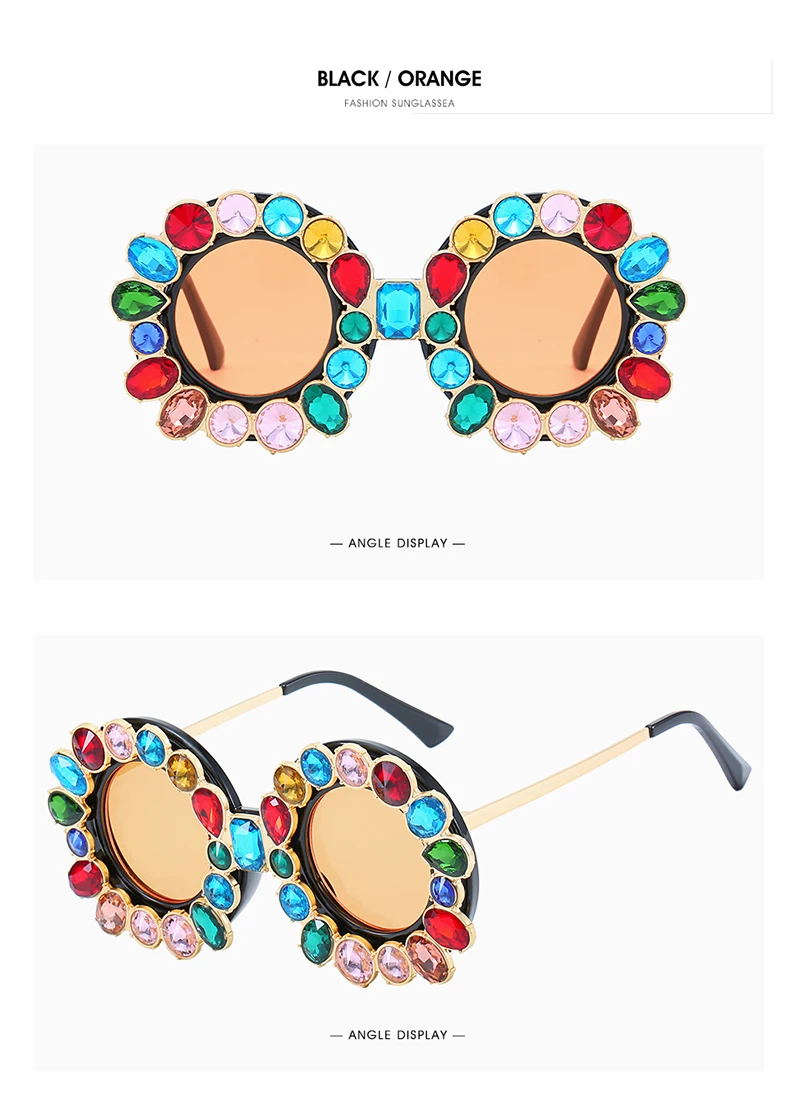 FU E Gorgeous Women Sunglasses Crystal Diamond Handmade Round Eyewear UV400 Mirror Lens Flower Design Summer Sun Glasses