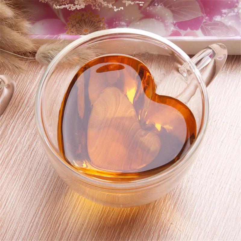 Heart Love Shaped Double Wall Glass Cup  Resistant Kungfu Tea Cup Milk Lemon Juice Cup Drinkware Lover Coffee Cups Mug Gift3