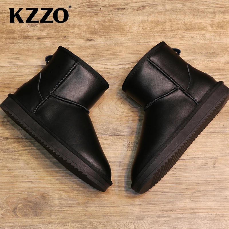 KZZO Australian Classic Waterproof Ankle Men Snow Boots Genuine Leather Natural Wool Lined Winter Warm Non-slip Short Boots