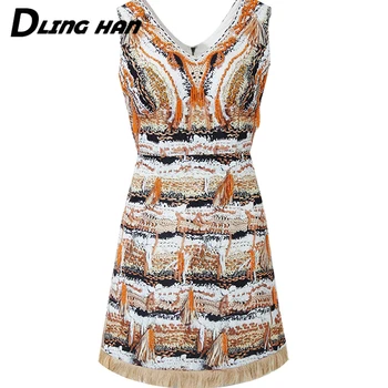 

LINGHAN Fashion Beading Mini Dress Women's Vintage Print Diamonds Tassel Dresses Designer Spring Summer New