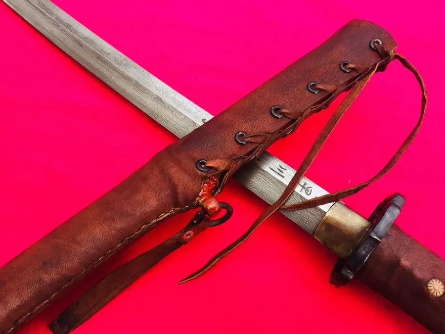 Handmade Military Japanese Officer Sword Samurai Katana Folded Steel Saber Oxhide Handle Sheath Full Tang