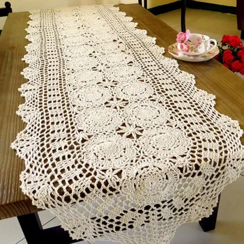 

Handmade Crochet Cotton Lace Table Runner Tea Table Cloth Oval Dresser Scarves 15 x 60 Inches 40X150cm Beige