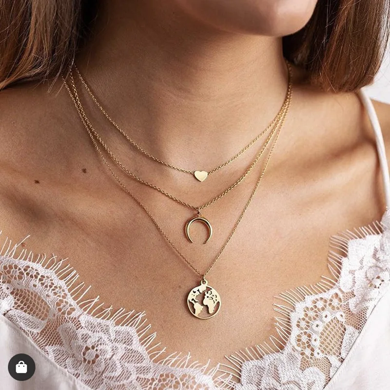 

Gold color multi layer chain moon map pendant necklace simple love choker necklace for women statement necklace jewelry