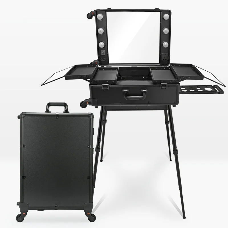 

2 in 1 Cosmetic Cosmetic Case New LED large capacity make-up box with lamp pull rod bracket mirror pull rod Cosmetic Case