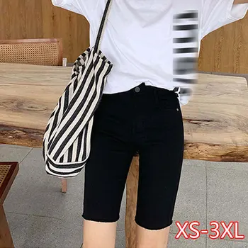

Knee Length Denim Shorts Women Elastic High Waist Biker Shorts Jean Shorts Women Summer 2020 Black Streetwear