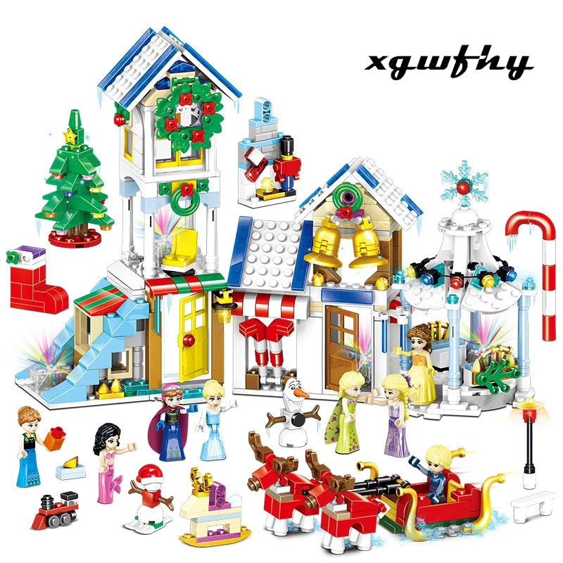 

681PCSgirl Fairy Princess Anna Elsa Christmas Night Street View Santa Claus Elk Building Blocks Bricks Toys Kids Xmas Gift JM309