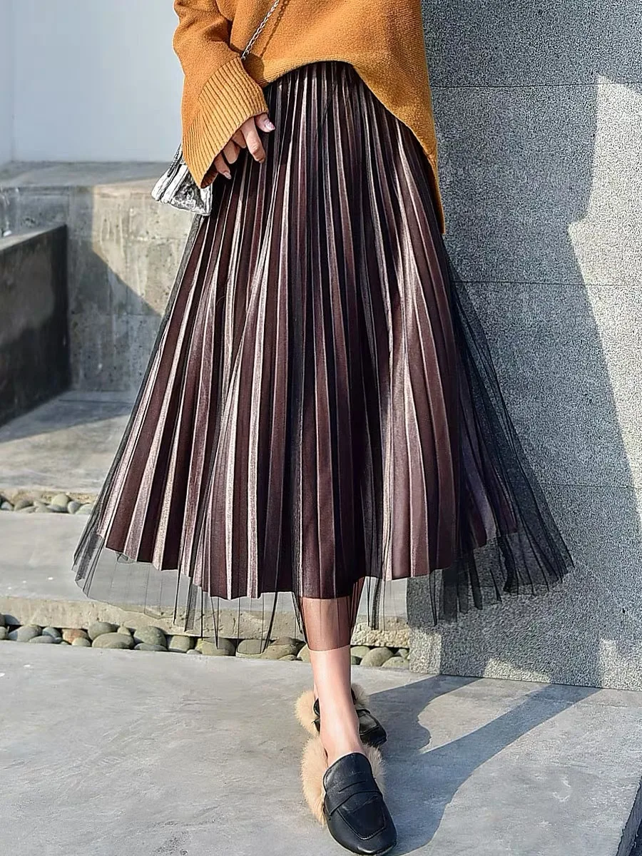

2019 New Style Mesh Dress Women's Half-length Gauze Skirt Women's Autumn & Winter Long Skirts Mid-length Gold Velvet Pleated Ski