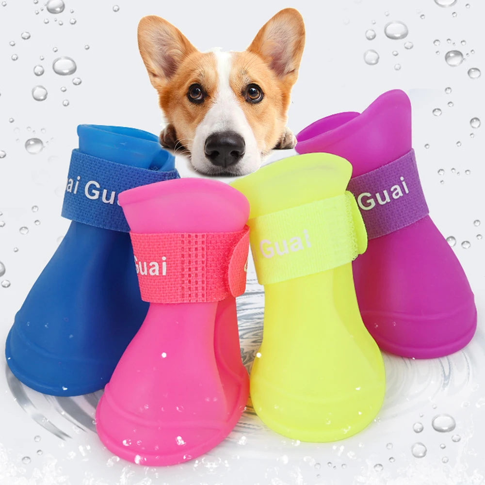 Botas de goma coloridas para mascotas, zapatos de lluvia para perros y gatos, impermeables, 4 unids/set/juego, suministros para mascotas - AliExpress Hogar jardín
