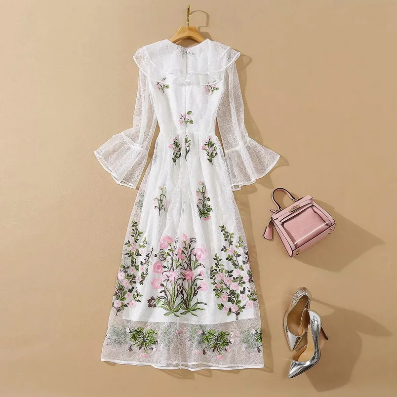 Top Quality New Lace Dress 2020 Autumn Wedding Party Women V-Neck Charming Floral Embroidery Ruffle Sexy White Lace Maxi Dress