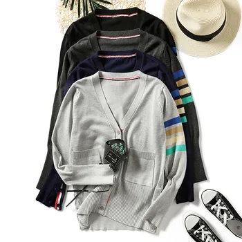 

2020 Autumn Winter New Arrival Women Chic Cardigans Pearl Decoration Buttons Knitted Open Stitch Color Hit Casual Outerwear