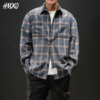 

HMXO New Men's Stripe Plaid Shirt Long Sleeve 2020 Men's Popular Loose Shirt Men Street Wear Spring Male Clothes Size Plus M-5XL
