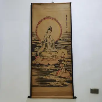 

China Antique collection Calligraphy painting Children worship Guanyin painting home decor mural wallpaper