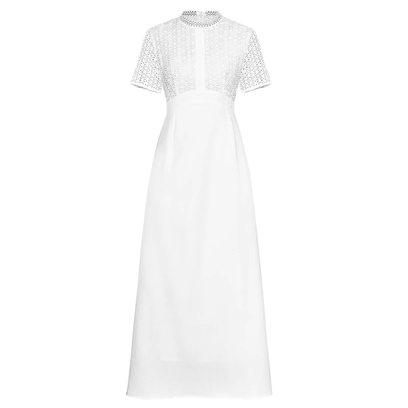 crochet flower white elegant classic dresses long dress for wedding party see through high collar fit and flare dress