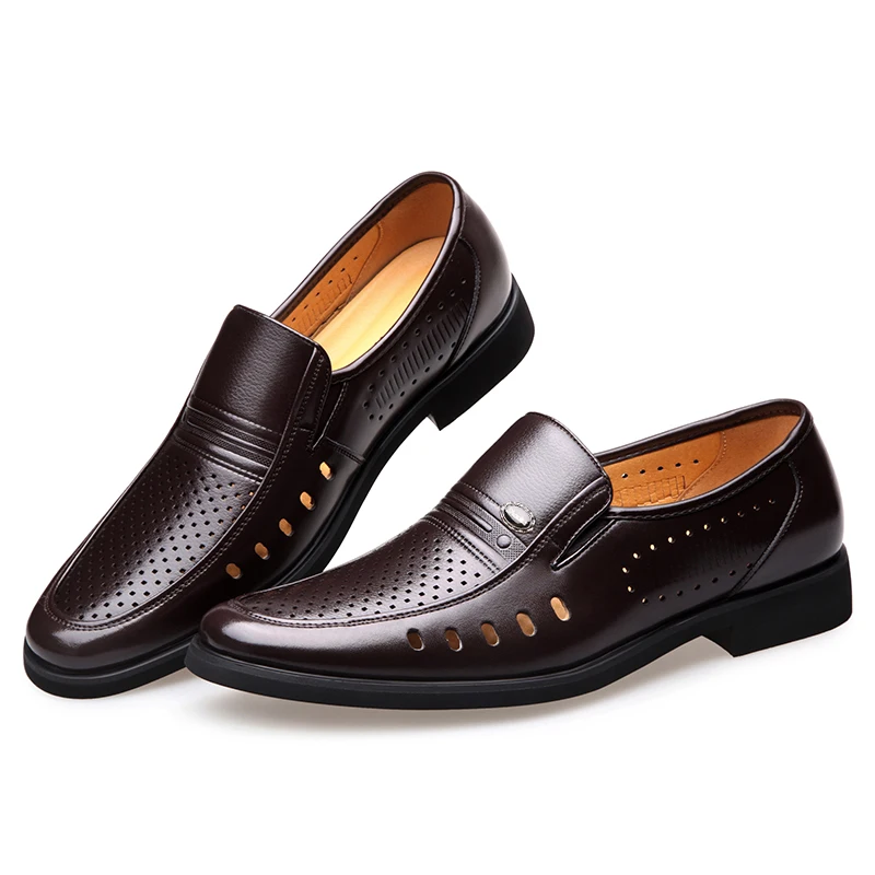 2020 Men Summer Leather Shoes Pointed Toe Quality Black Microfiber Leather Soft Man Breathble Hole Shoes For Man Summer