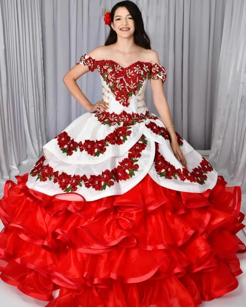 

Винтажное красно-белое платье Quinceanera, мексиканские платья из двух частей, съемная юбка, платье для выпускного вечера, кружевное милое платье...