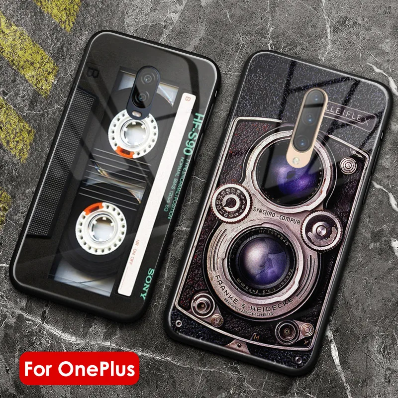 

Nostalgic camera cassette tape luxury smooth coque tempered glass cover soft silicone phone case shell for OnePlus 6 6t 7 pro